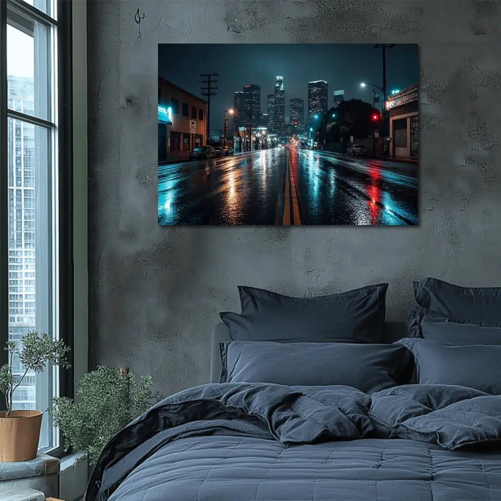 Rainy Night Los Angeles Downtown City Street – Wall Art