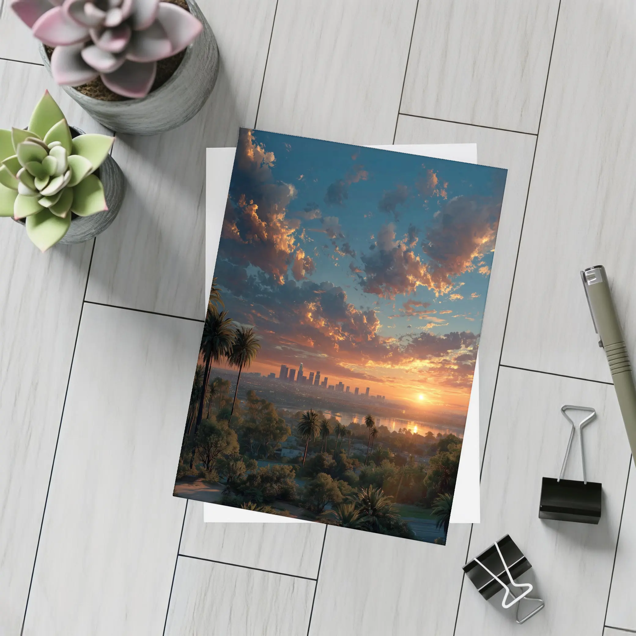 Los Angeles Sunset Skyline Palm Trees View – Postcards