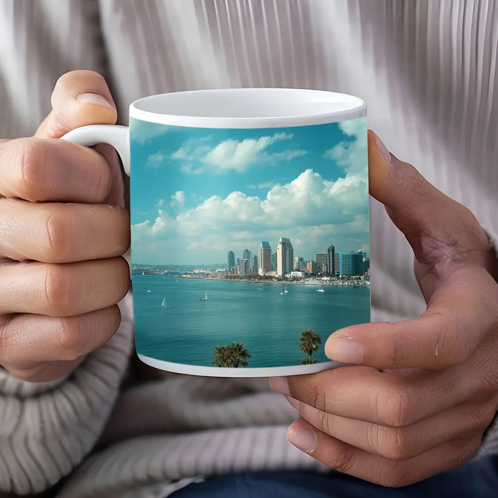 San Diego Bay Skyline Palm Trees Blue Sky – Mugs