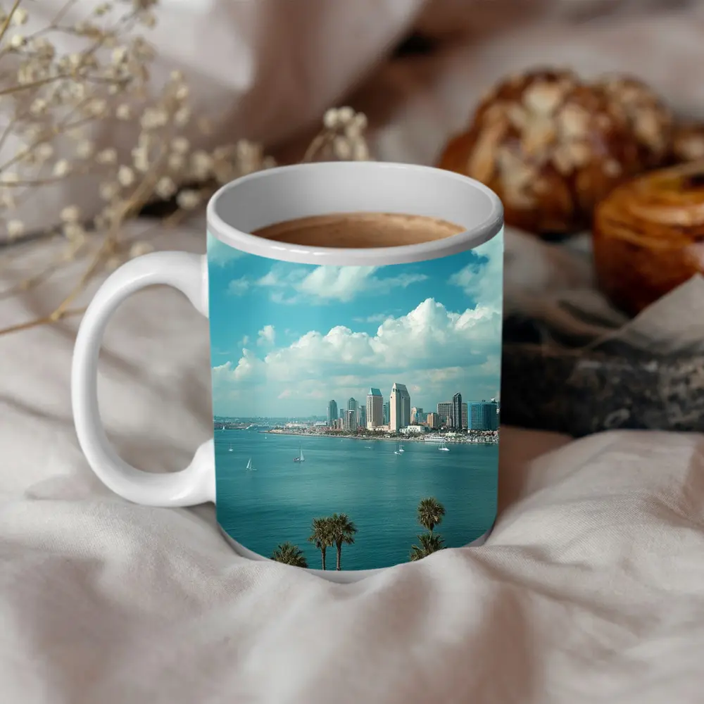 San Diego Bay Skyline Palm Trees Blue Sky – Mugs