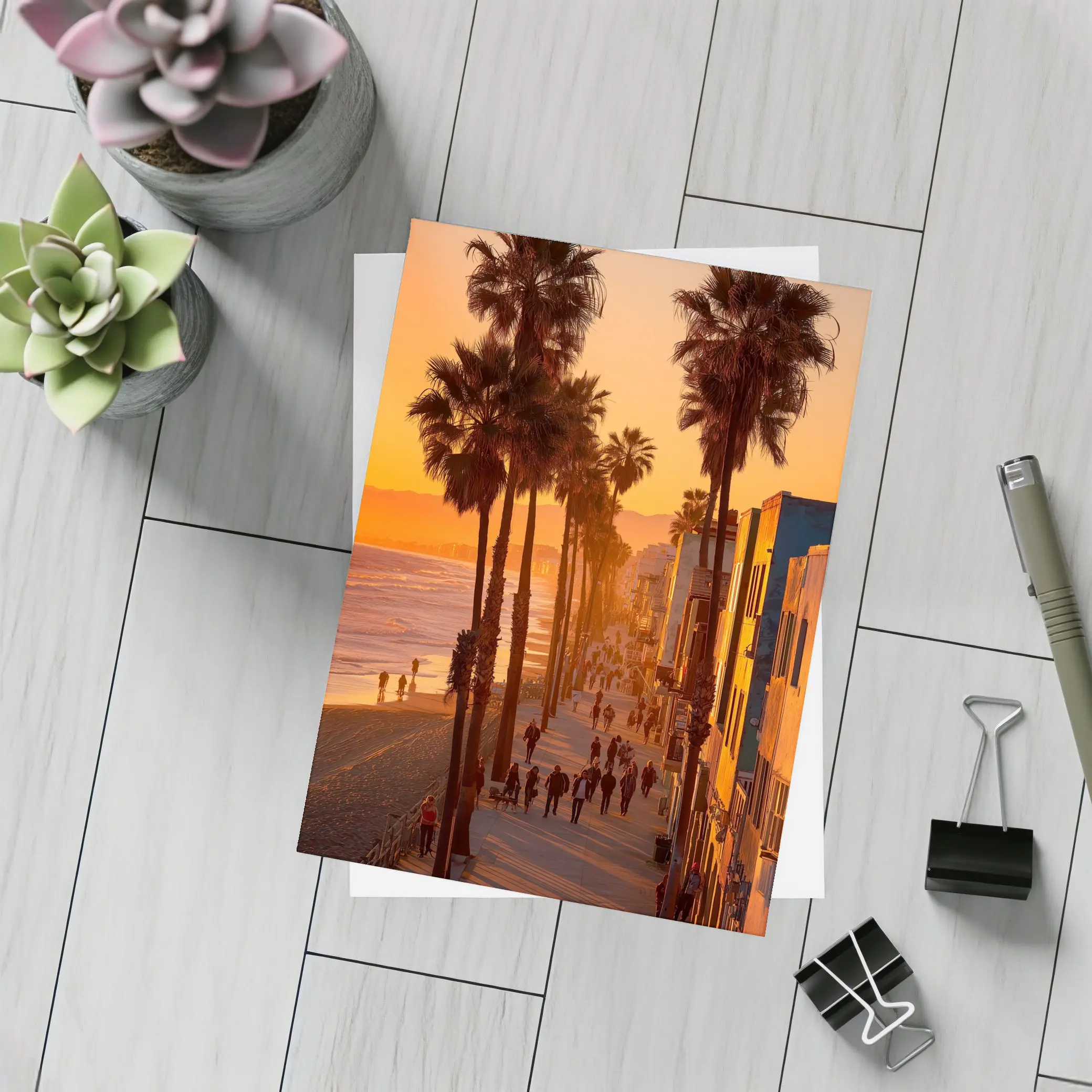 Venice Beach Boardwalk Golden Sunset Palm Trees – Postcards