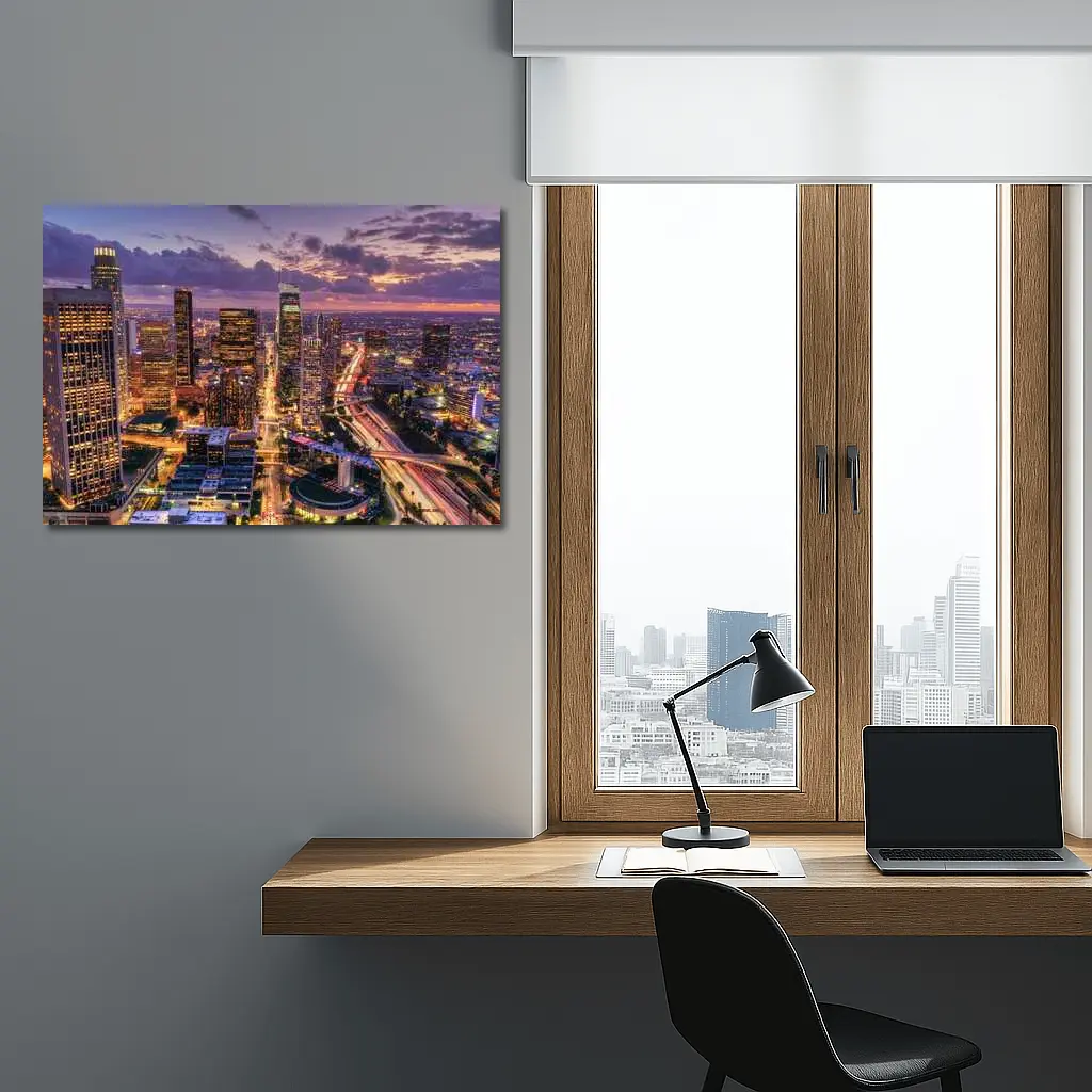Los Angeles Downtown Skyline Purple Sunset Aerial – Wall Art