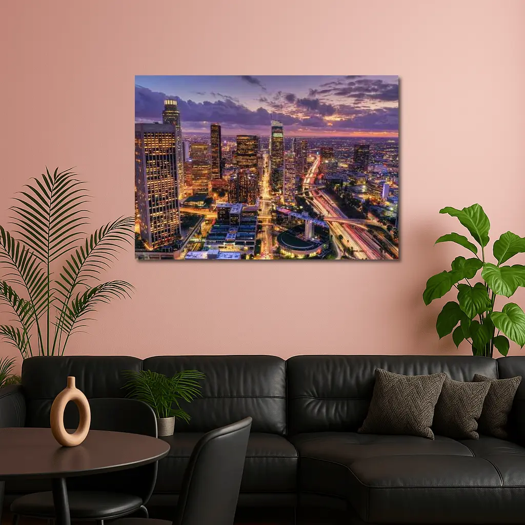 Los Angeles Downtown Skyline Purple Sunset Aerial – Wall Art