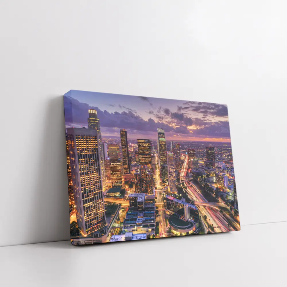 Los Angeles Downtown Skyline Purple Sunset Aerial – Wall Art