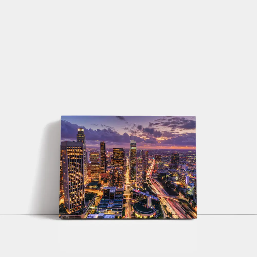 Los Angeles Downtown Skyline Purple Sunset Aerial – Wall Art