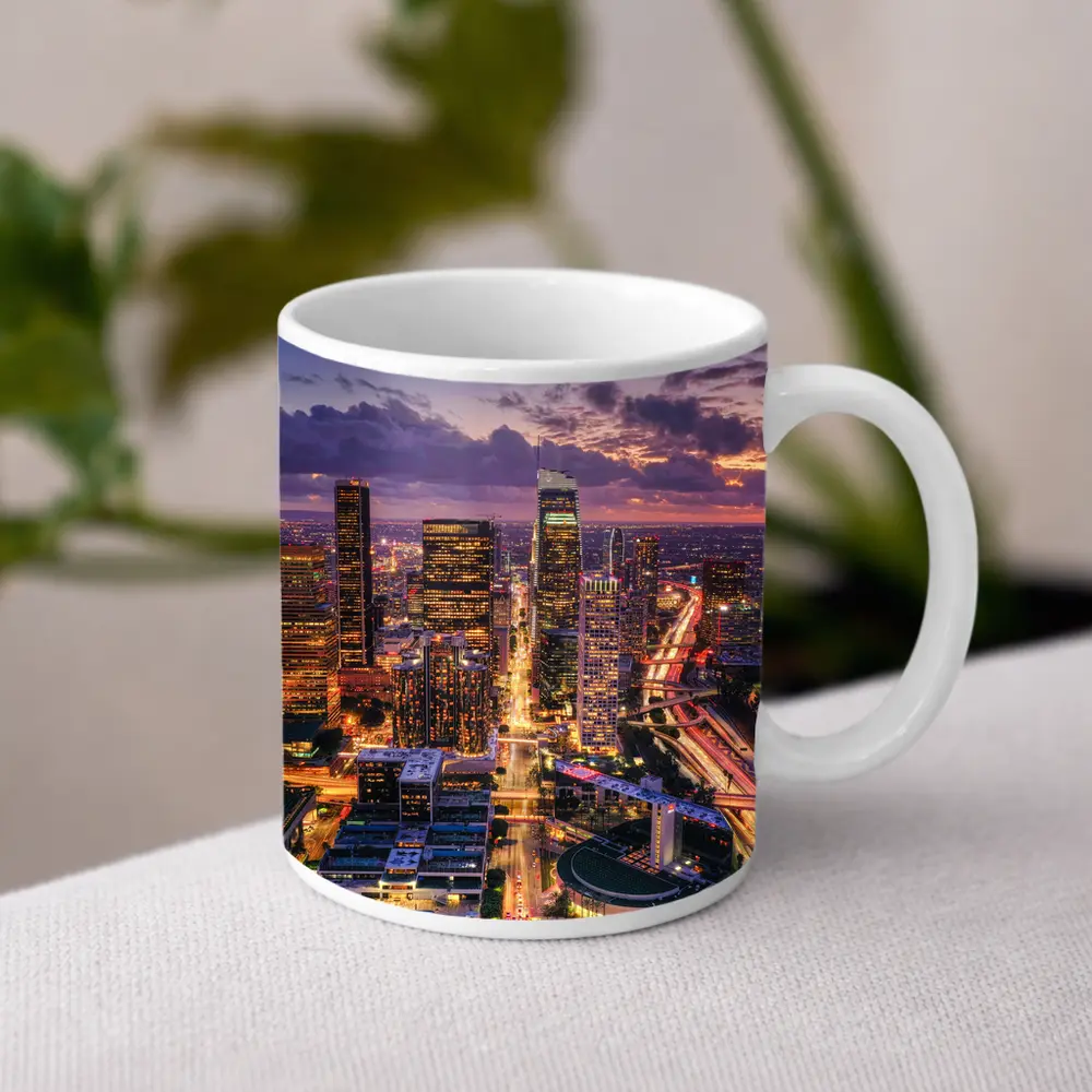 Los Angeles Downtown Skyline Purple Sunset Aerial – Mugs