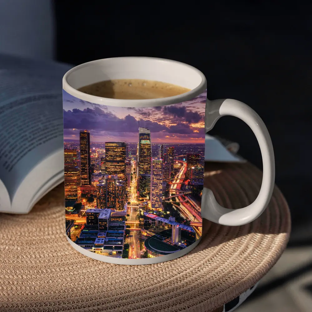 Los Angeles Downtown Skyline Purple Sunset Aerial – Mugs