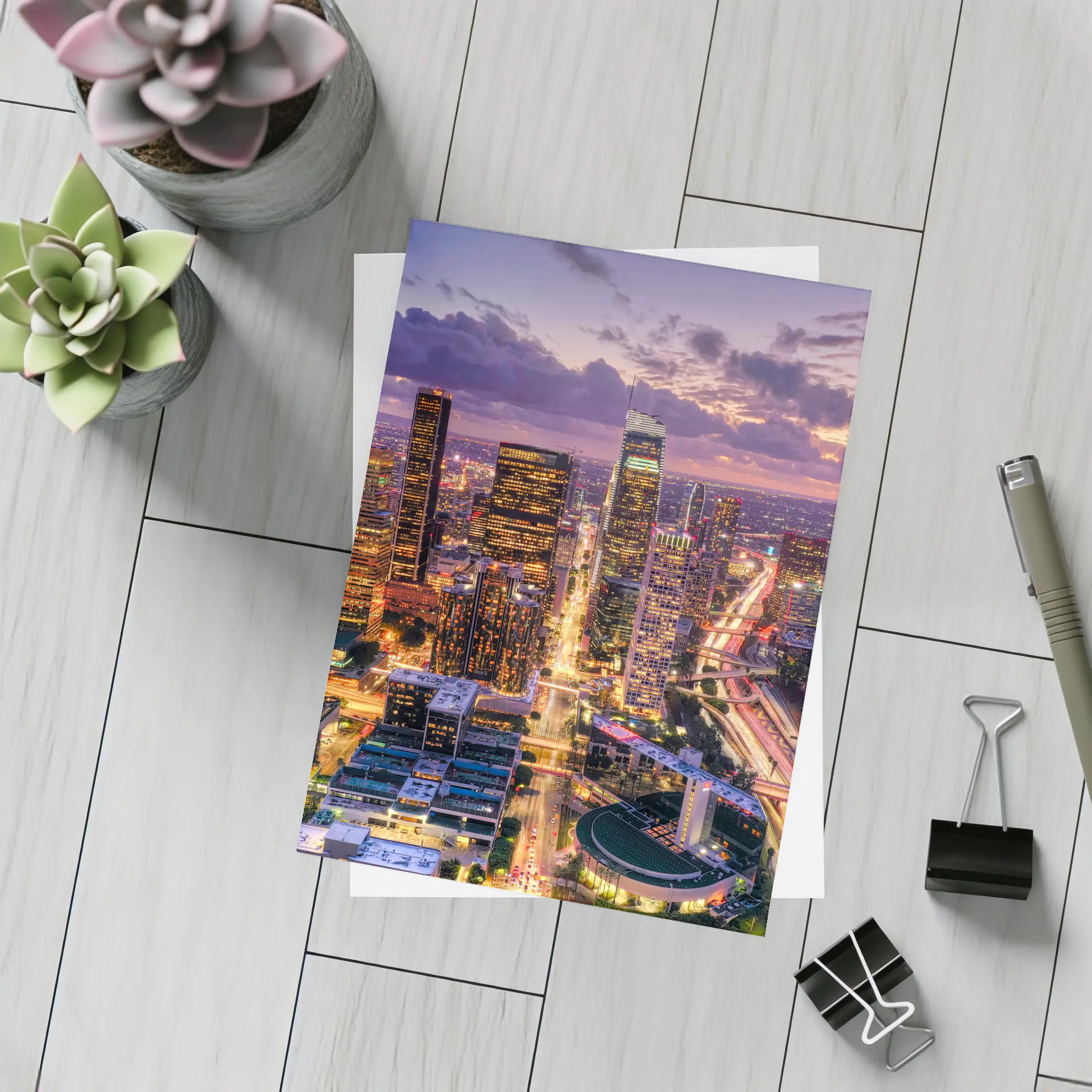 Los Angeles Downtown Skyline Purple Sunset Aerial – Postcards