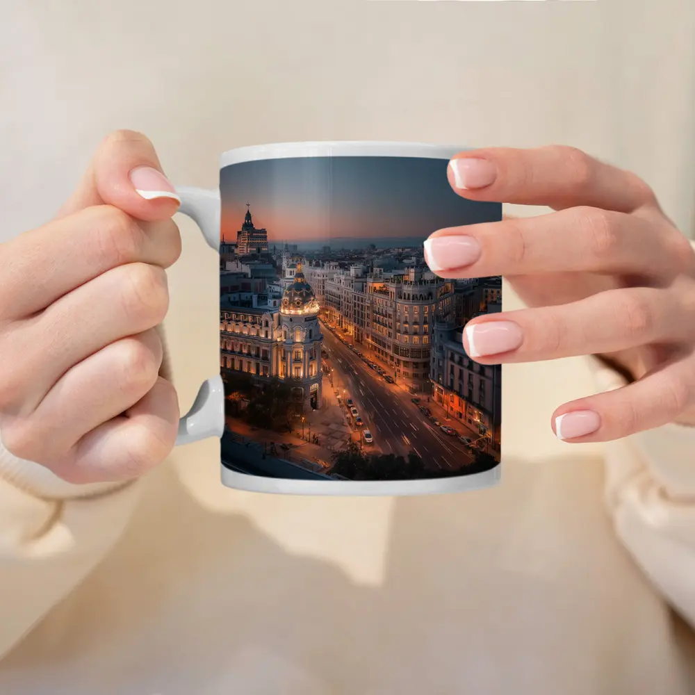 Madrid Gran Via Skyline At Dusk – Mugs