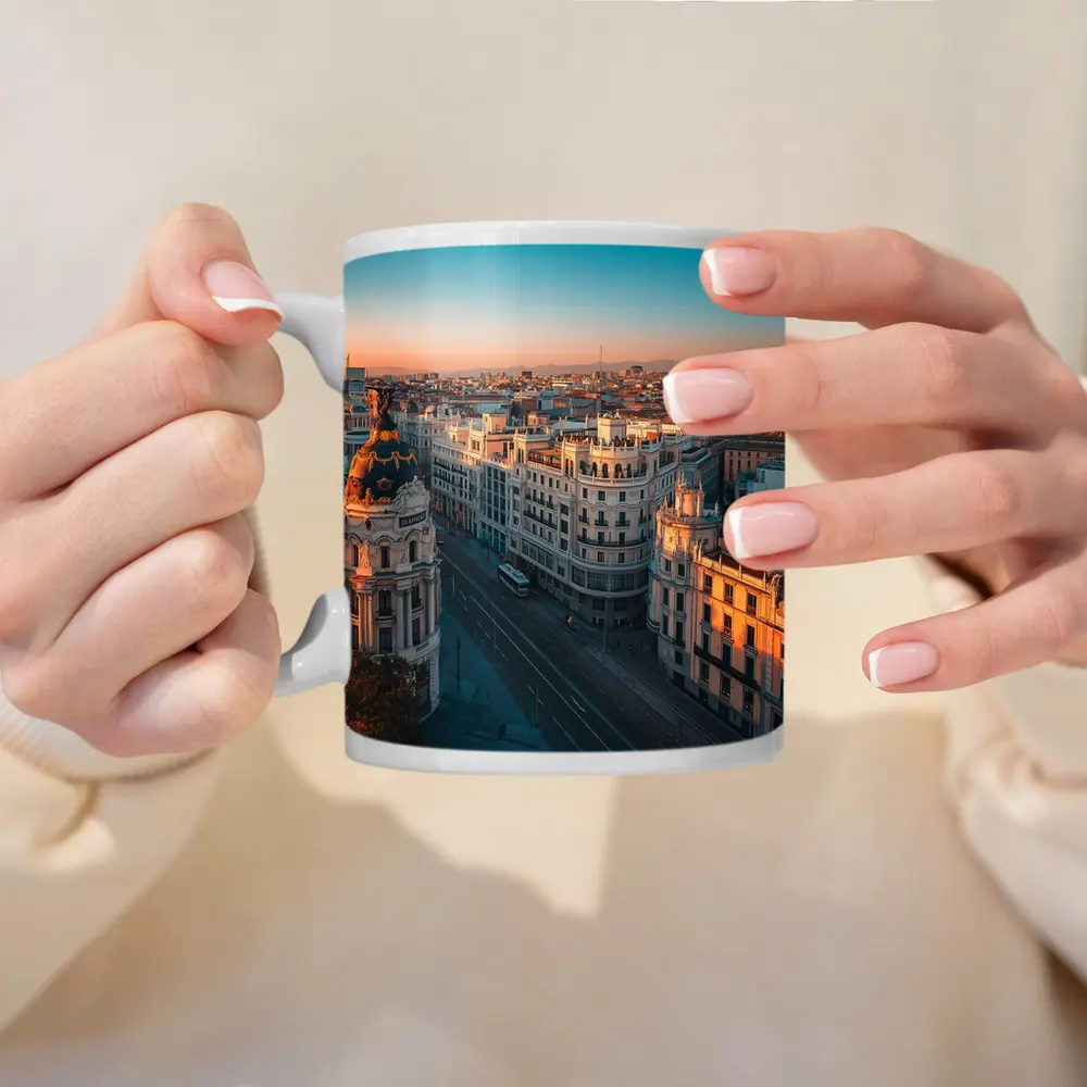 Madrid Gran Via Skyline at Golden Sunset – Mugs