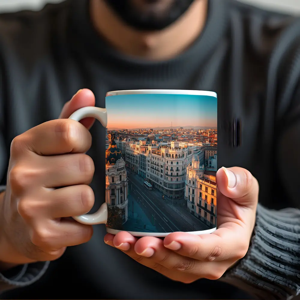 Madrid Gran Via Skyline at Golden Sunset – Mugs