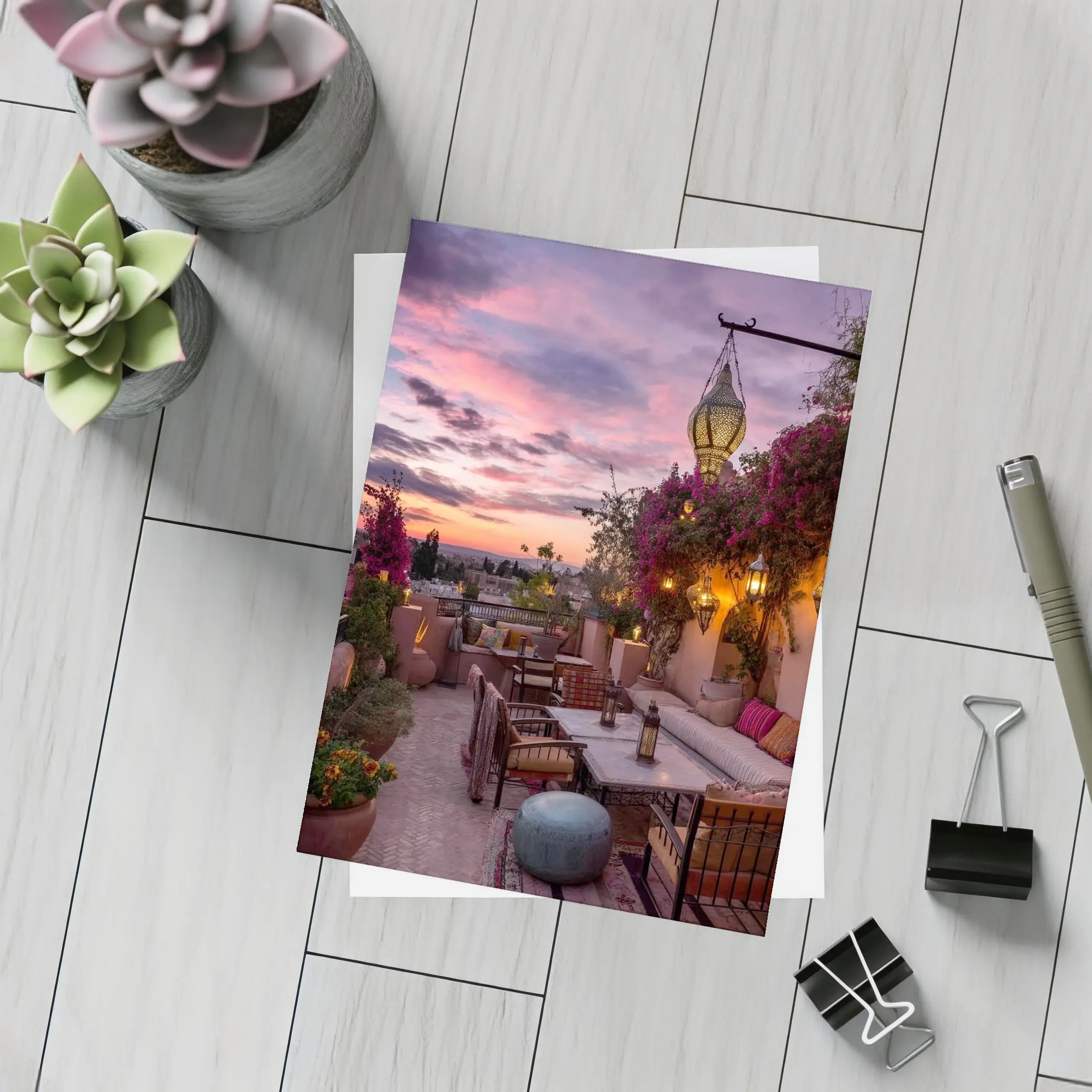 Moroccan Rooftop Terrace at Sunset – Postcards