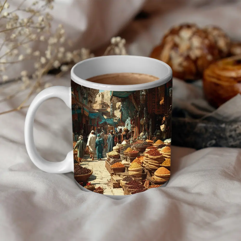 Moroccan Spice Market Bazaar Street Scene – Mugs