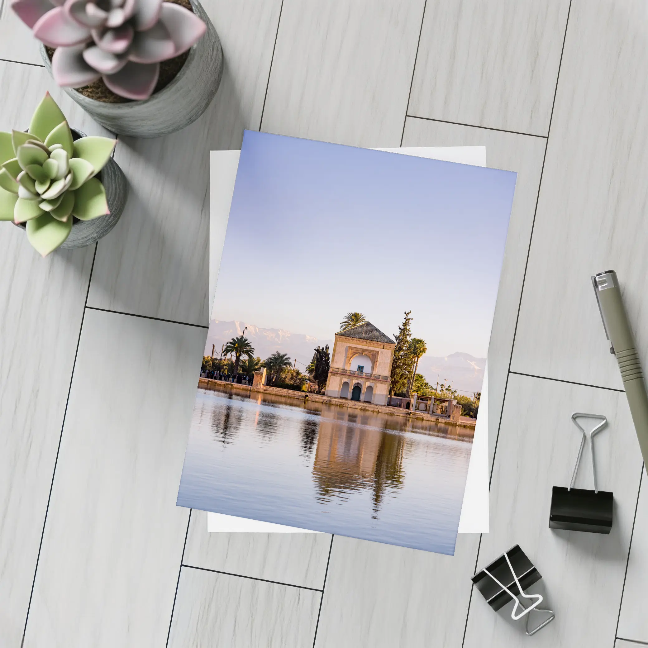 Menara Pavilion Reflection Marrakech Atlas Mountains – Postcards