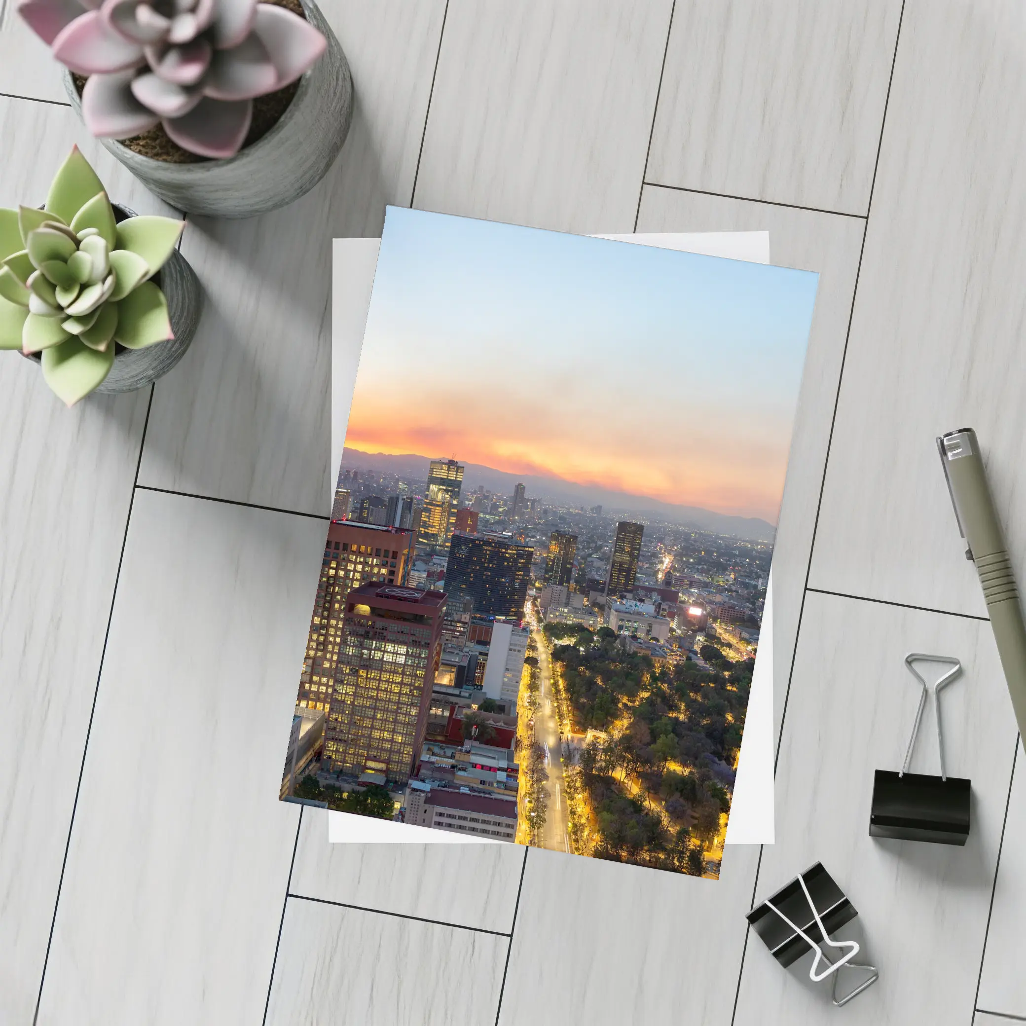 Mexico City Skyline at Sunset Aerial View – Postcards