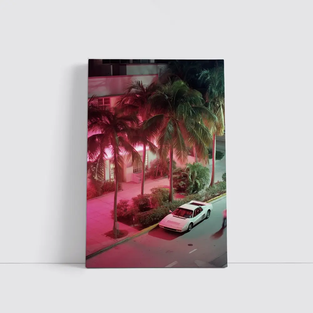Ferrari Testarossa White Miami Neon Night – Wall Art