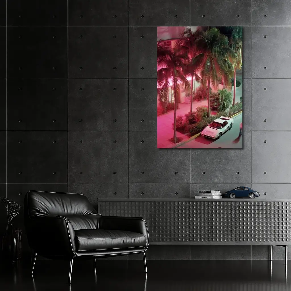 Ferrari Testarossa White Miami Neon Night – Wall Art