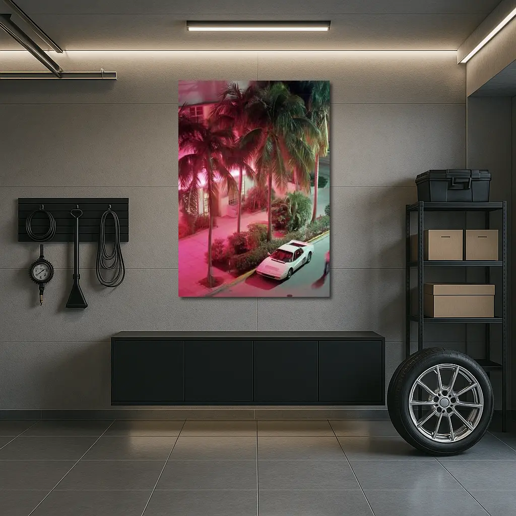 Ferrari Testarossa White Miami Neon Night – Wall Art
