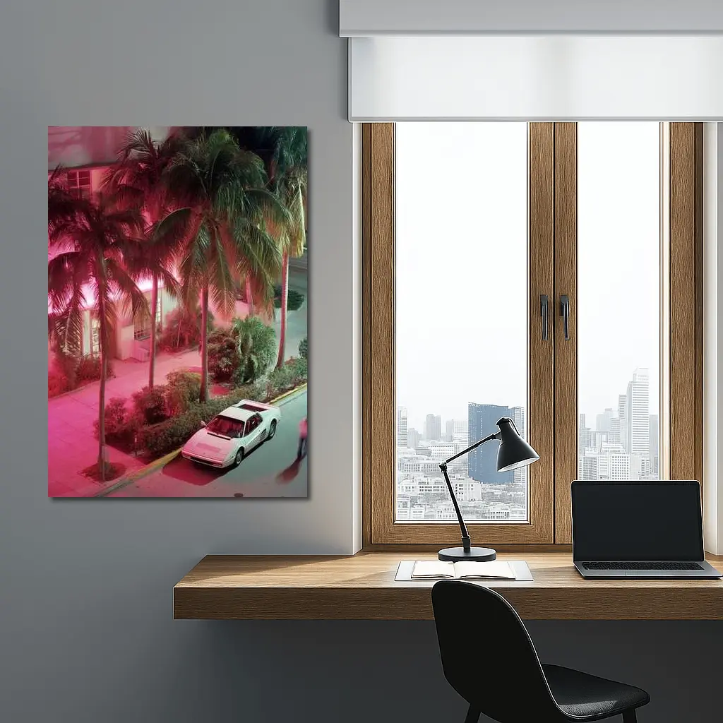 Ferrari Testarossa White Miami Neon Night – Wall Art