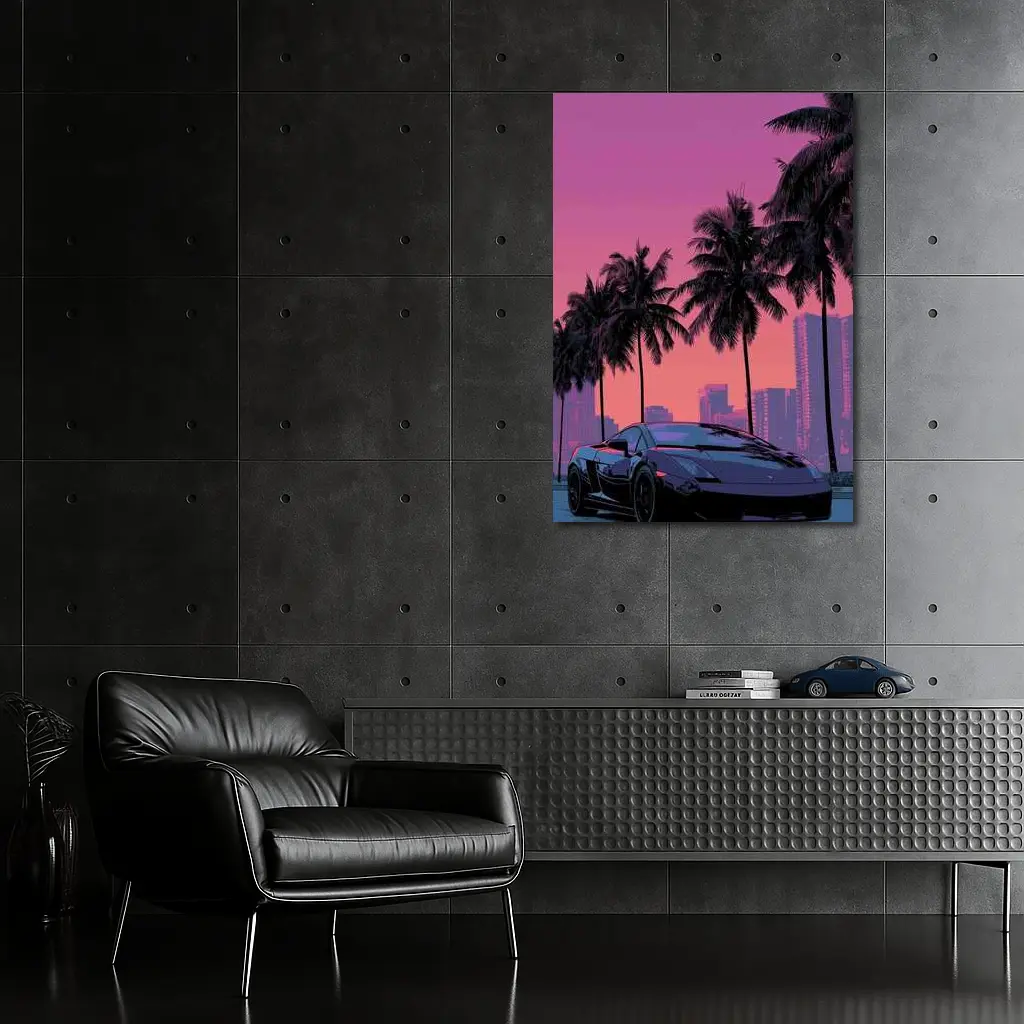 Lamborghini Gallardo Miami Sunset Palm Trees – Wall Art