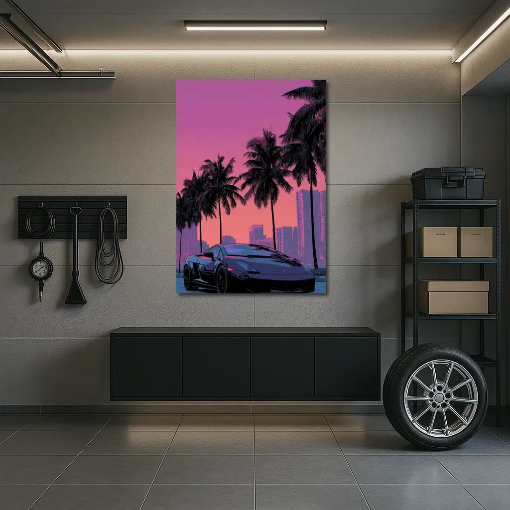Lamborghini Gallardo Miami Sunset Palm Trees – Wall Art