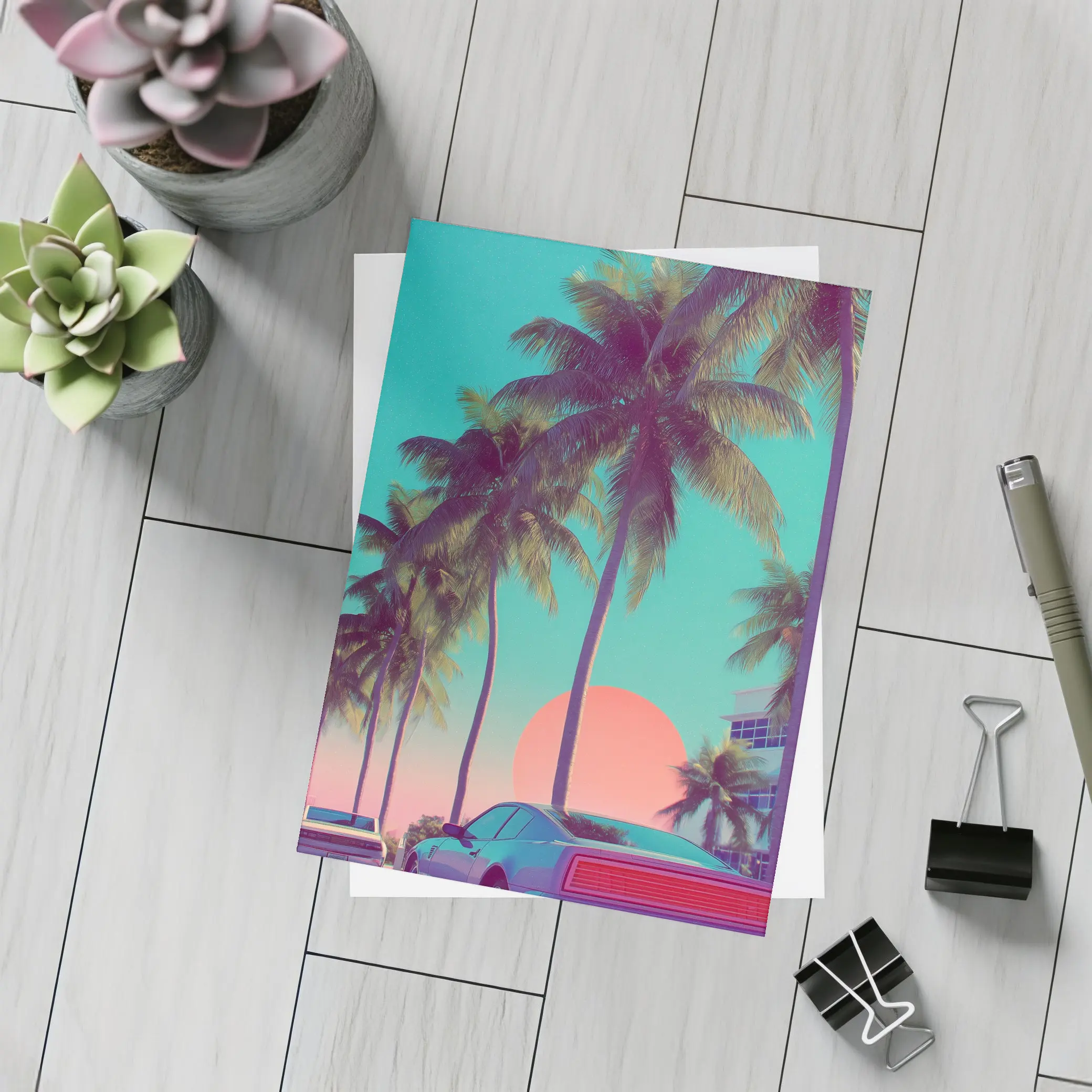 Retro Muscle Car Miami Palm Tree Sunset – Postcards