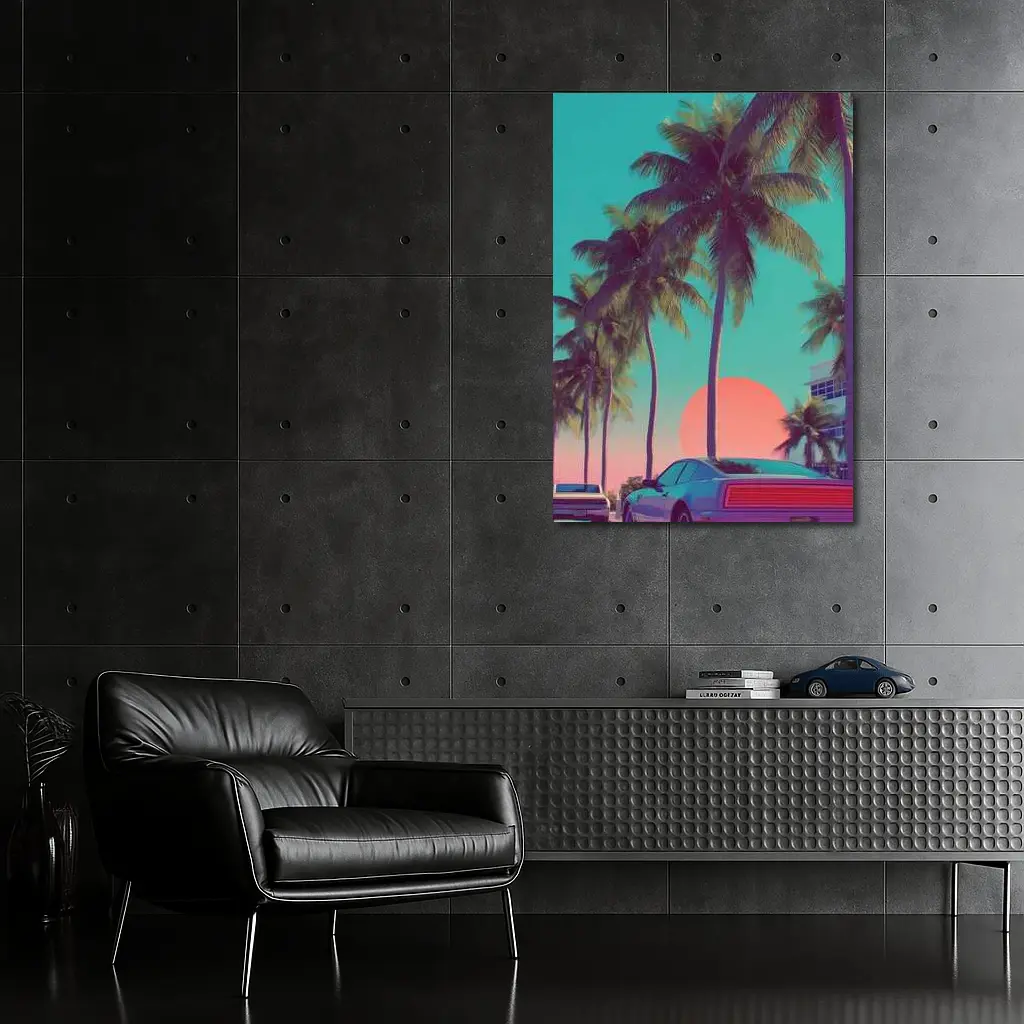 Retro Muscle Car Miami Palm Tree Sunset – Wall Art