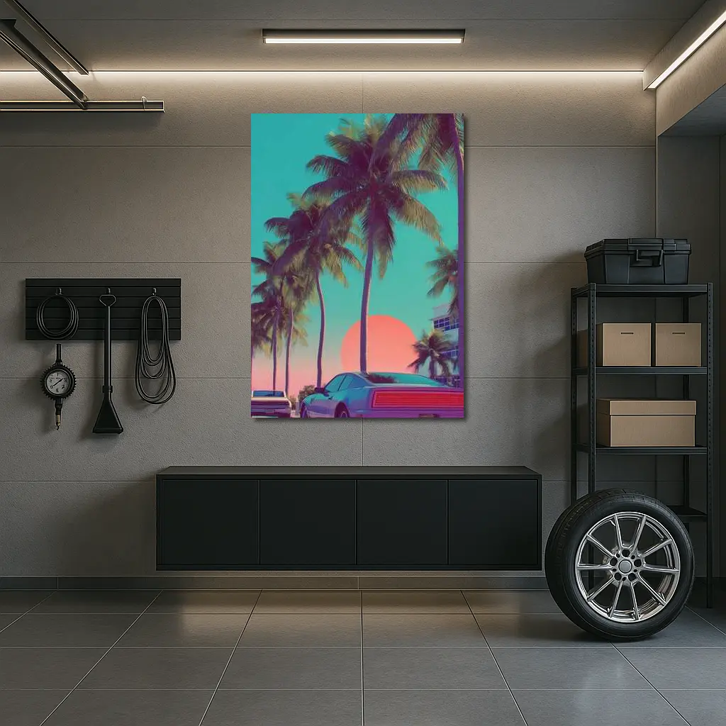 Retro Muscle Car Miami Palm Tree Sunset – Wall Art