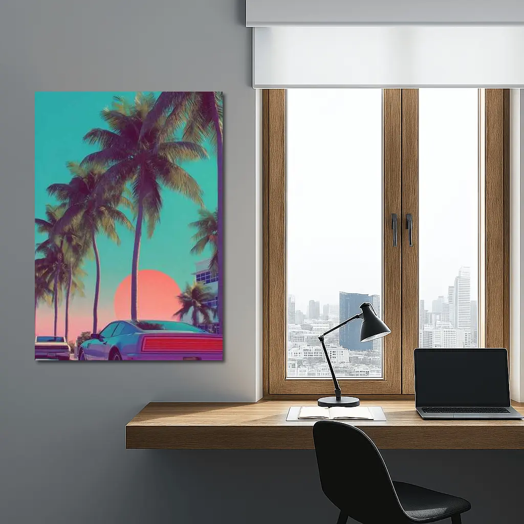 Retro Muscle Car Miami Palm Tree Sunset – Wall Art