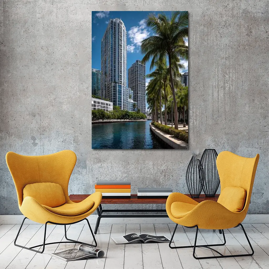 Miami River Downtown Skyline Palm Trees – Wall Art