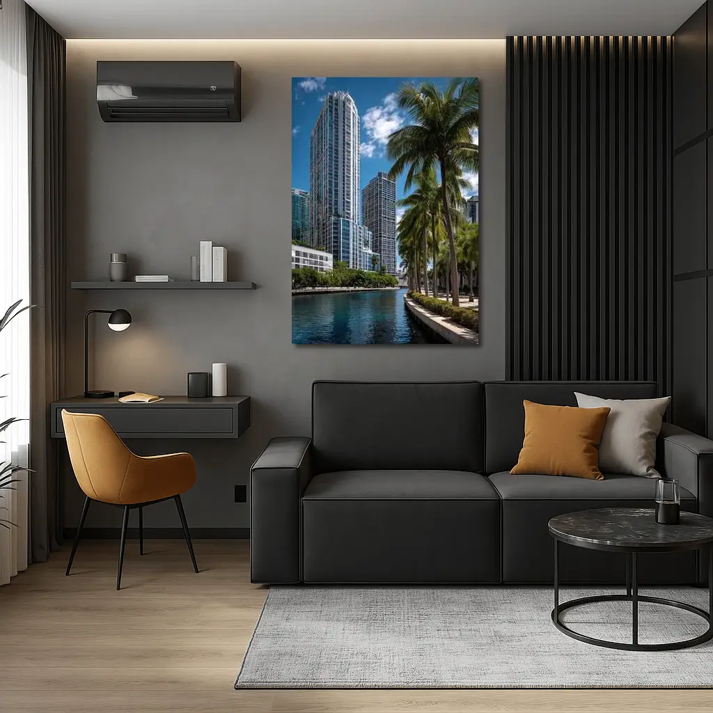 Miami River Downtown Skyline Palm Trees – Wall Art