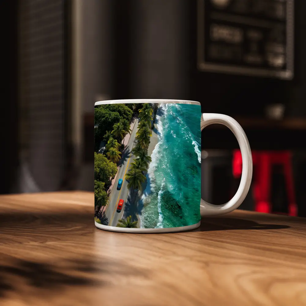 Classic Cars Coastal Road Palm Trees Aerial – Mugs