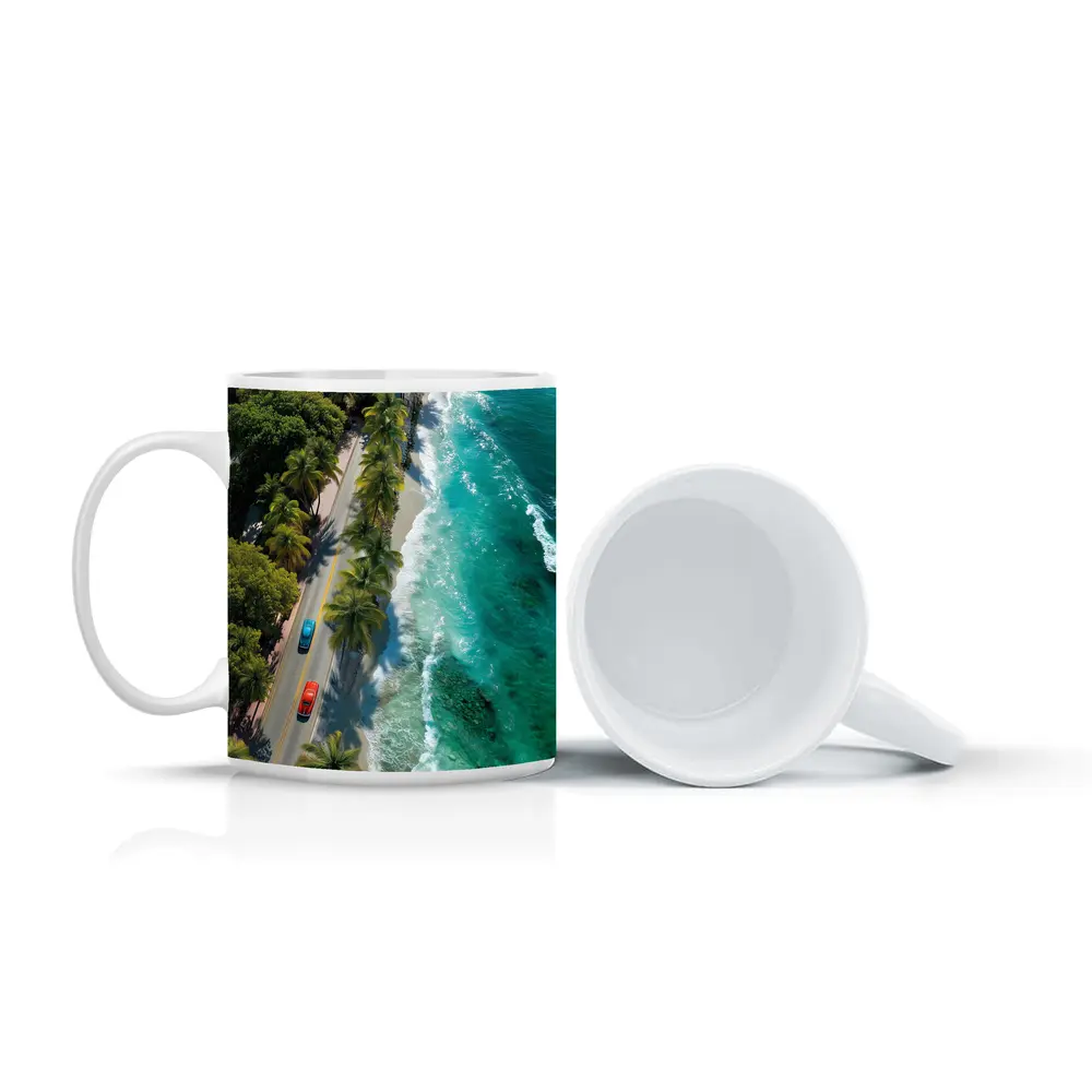 Classic Cars Coastal Road Palm Trees Aerial – Mugs
