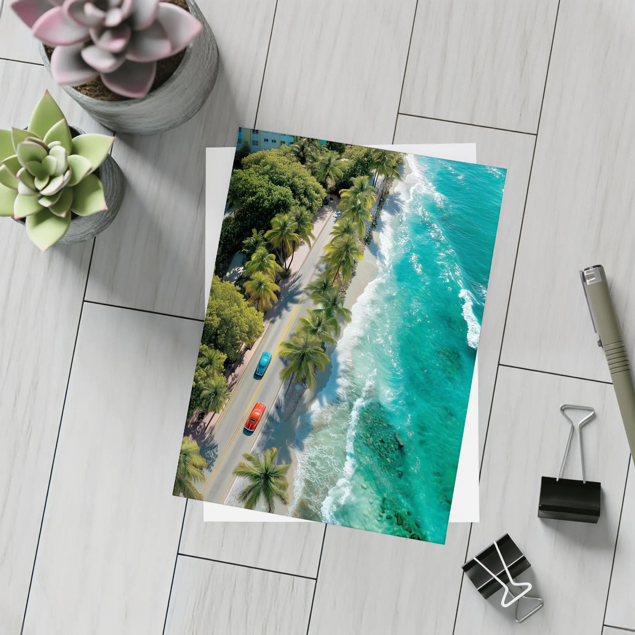 Classic Cars Coastal Road Palm Trees Aerial – Postcards
