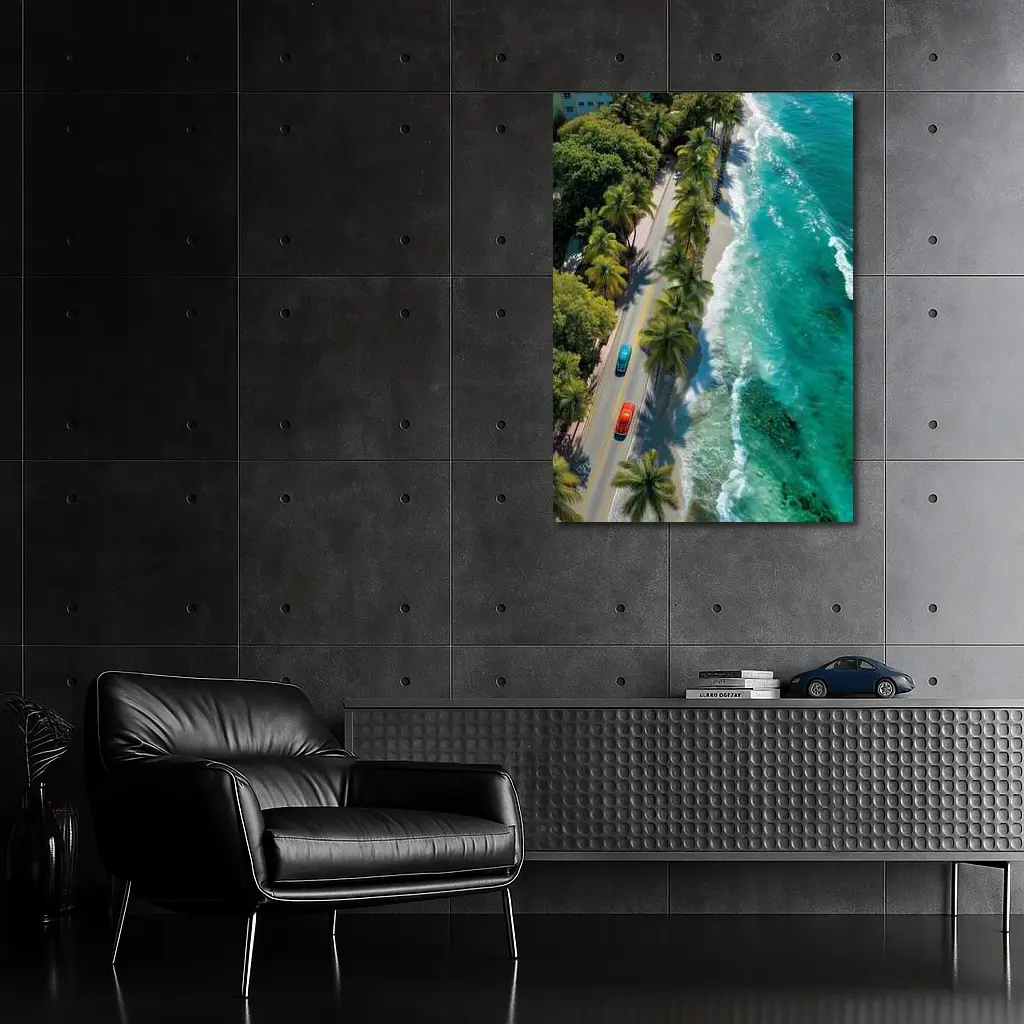 Classic Cars Coastal Road Palm Trees Aerial – Wall Art