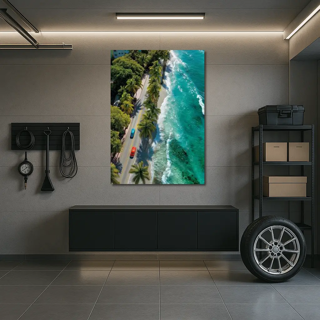 Classic Cars Coastal Road Palm Trees Aerial – Wall Art