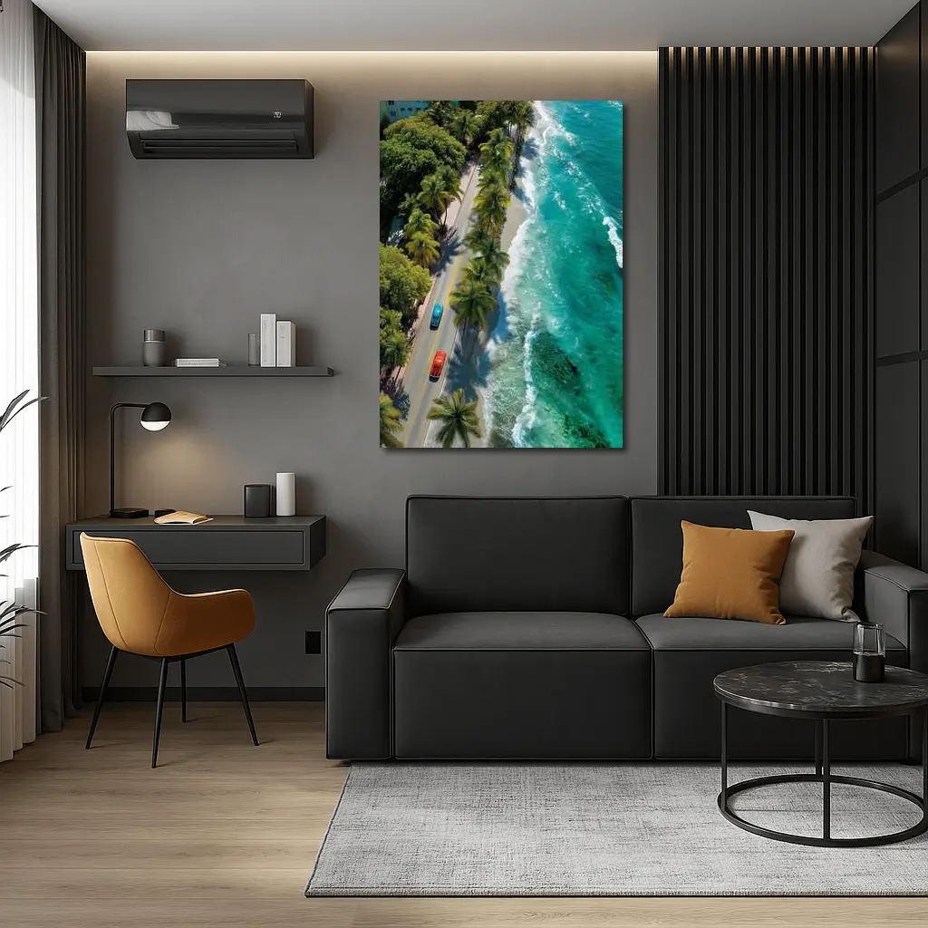 Classic Cars Coastal Road Palm Trees Aerial – Wall Art