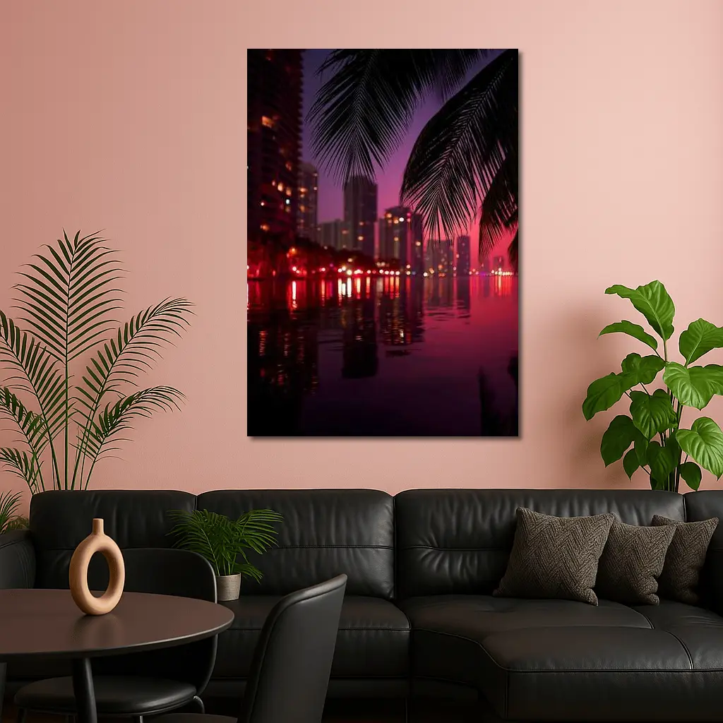 Miami Night Skyline Palm Trees Water Reflection – Wall Art