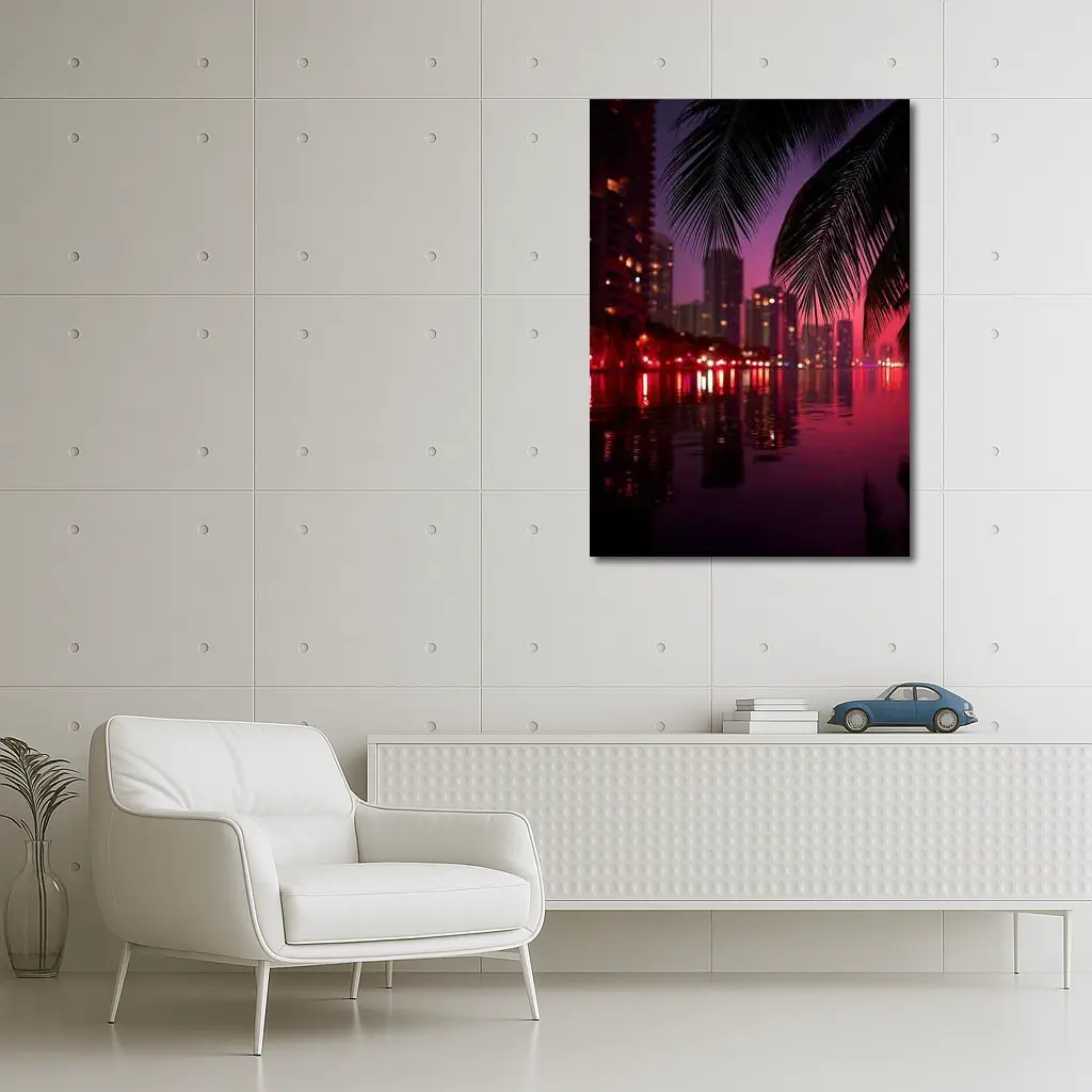 Miami Night Skyline Palm Trees Water Reflection – Wall Art