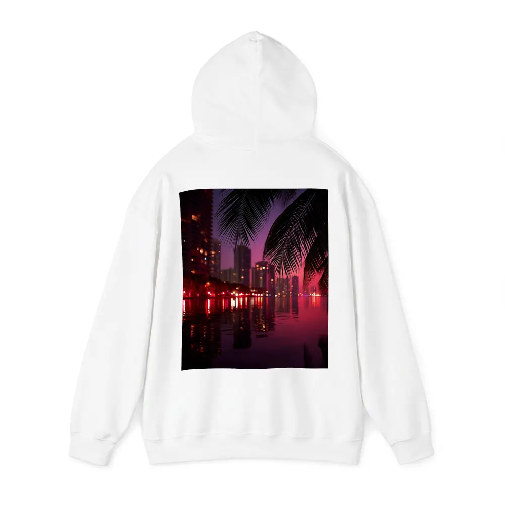 Miami Night Skyline Palm Trees Water Reflection – Hoodies
