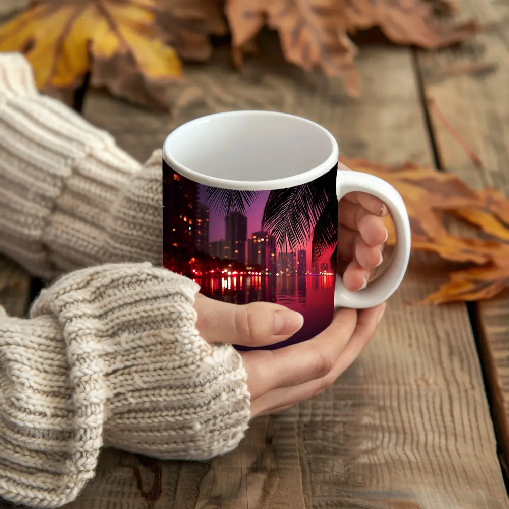 Miami Night Skyline Palm Trees Water Reflection – Mugs