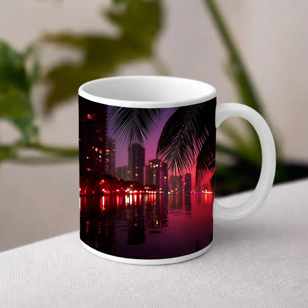 Miami Night Skyline Palm Trees Water Reflection – Mugs