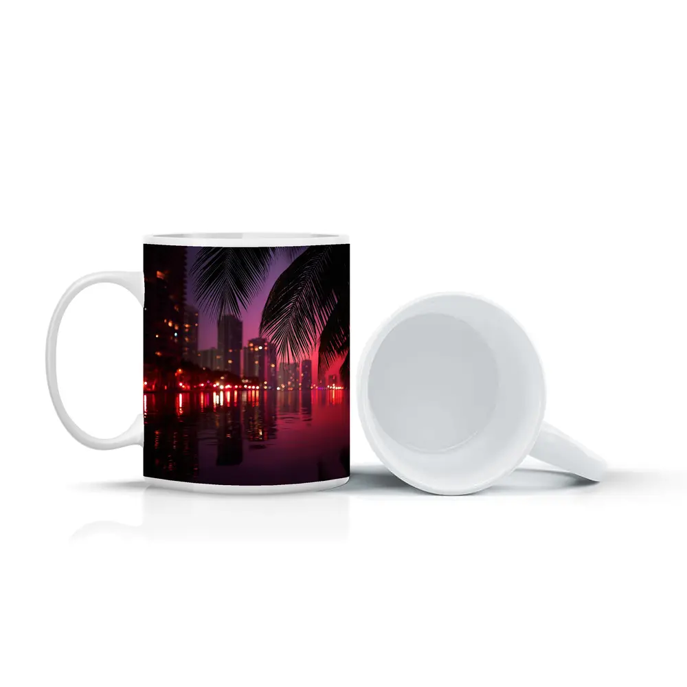 Miami Night Skyline Palm Trees Water Reflection – Mugs