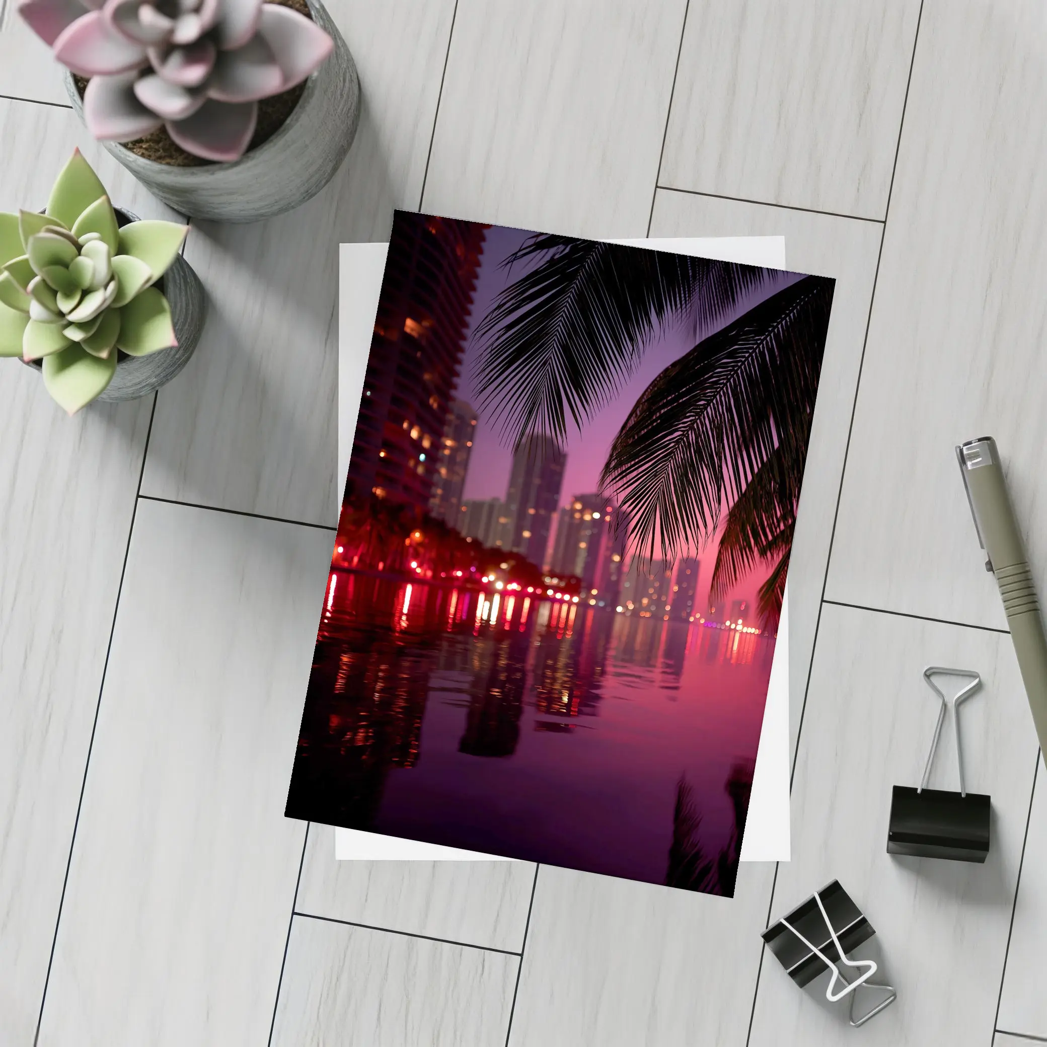 Miami Night Skyline Palm Trees Water Reflection – Postcards