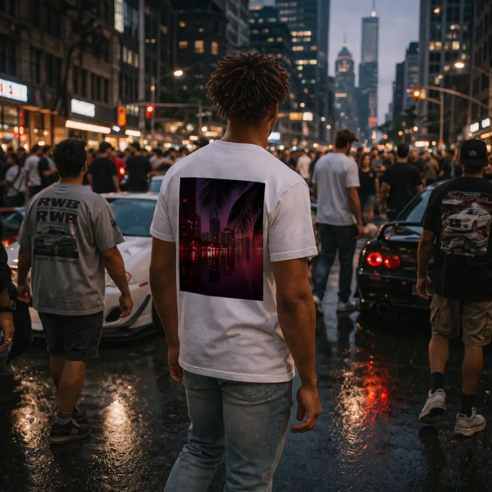 Miami Night Skyline Palm Trees Water Reflection – T-Shirts