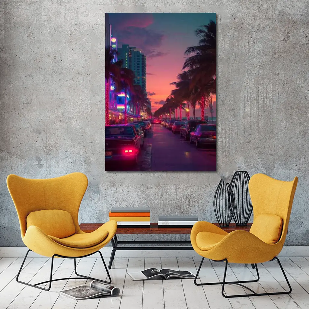 Miami Neon Sunset Palm Tree Boulevard – Wall Art