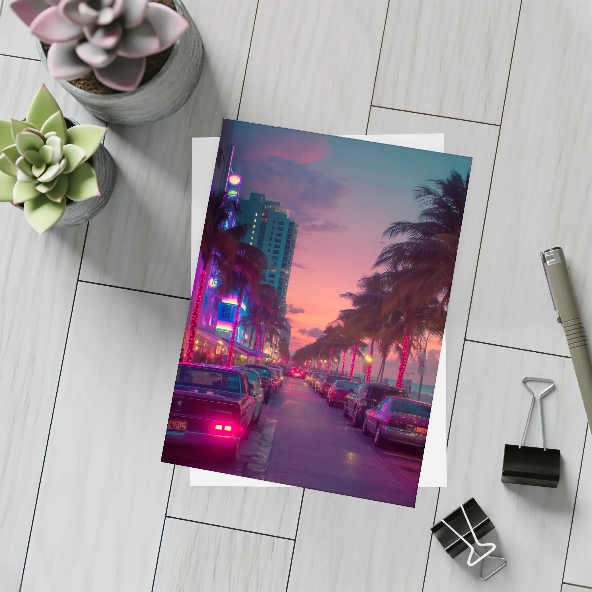 Miami Neon Sunset Palm Tree Boulevard – Postcards