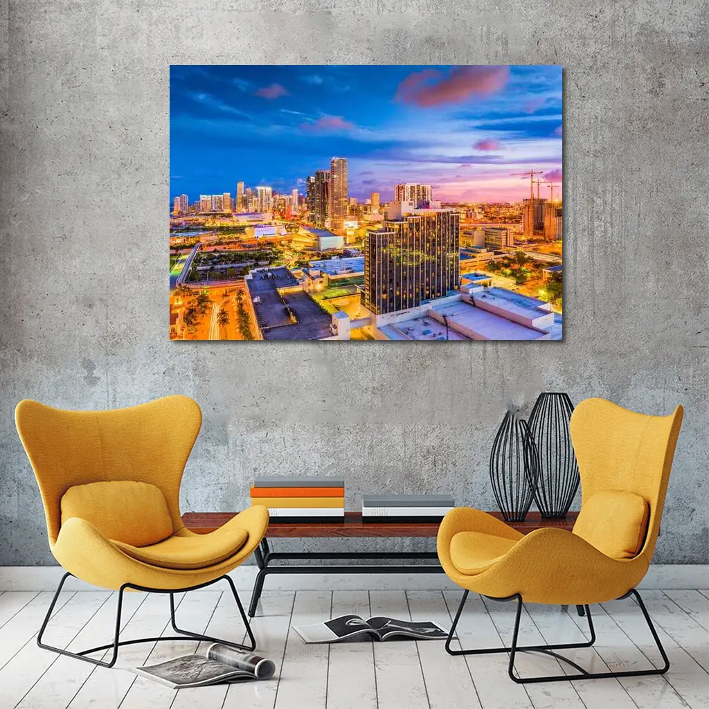 Miami Downtown Skyline At Sunset Dusk – Wall Art
