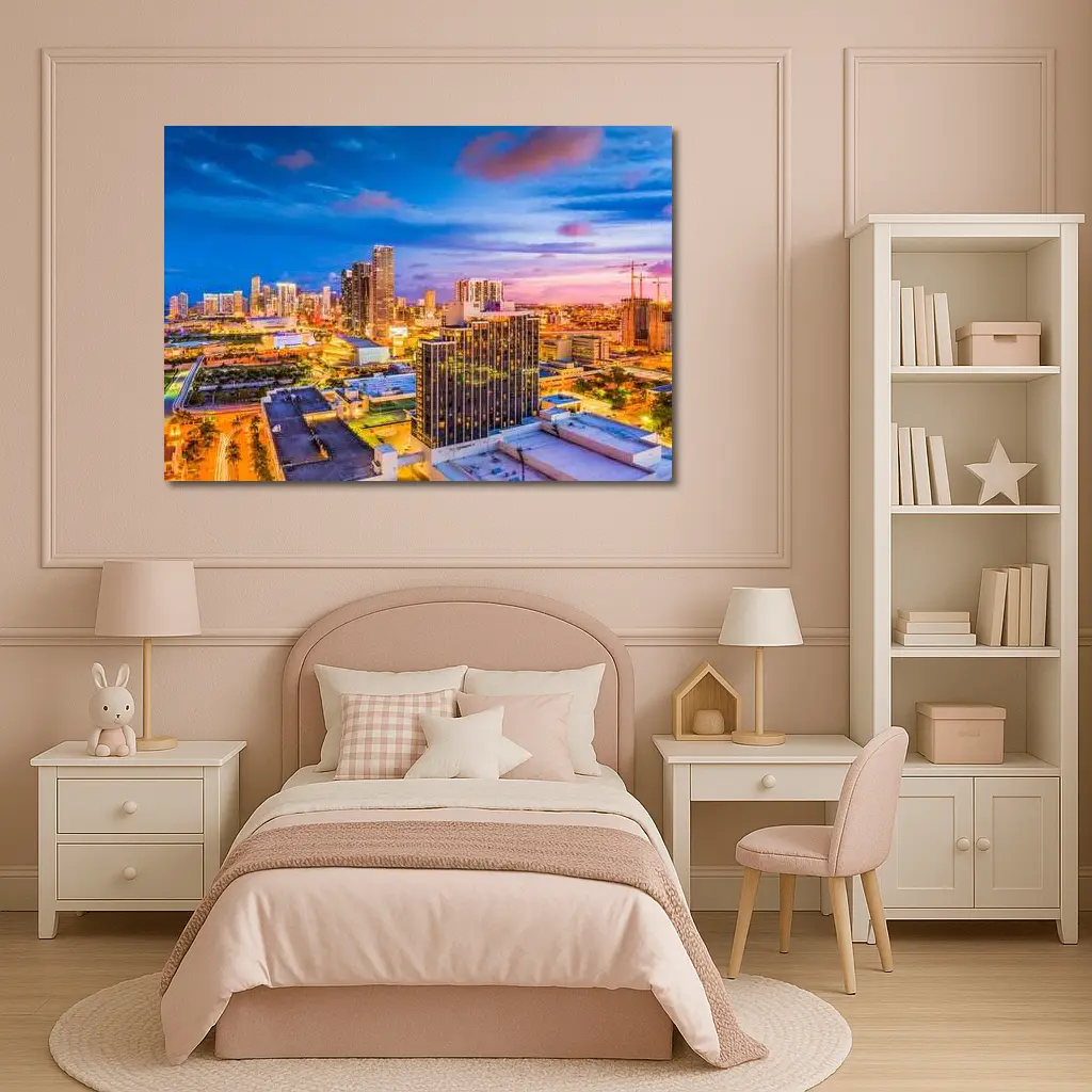 Miami Downtown Skyline At Sunset Dusk – Wall Art
