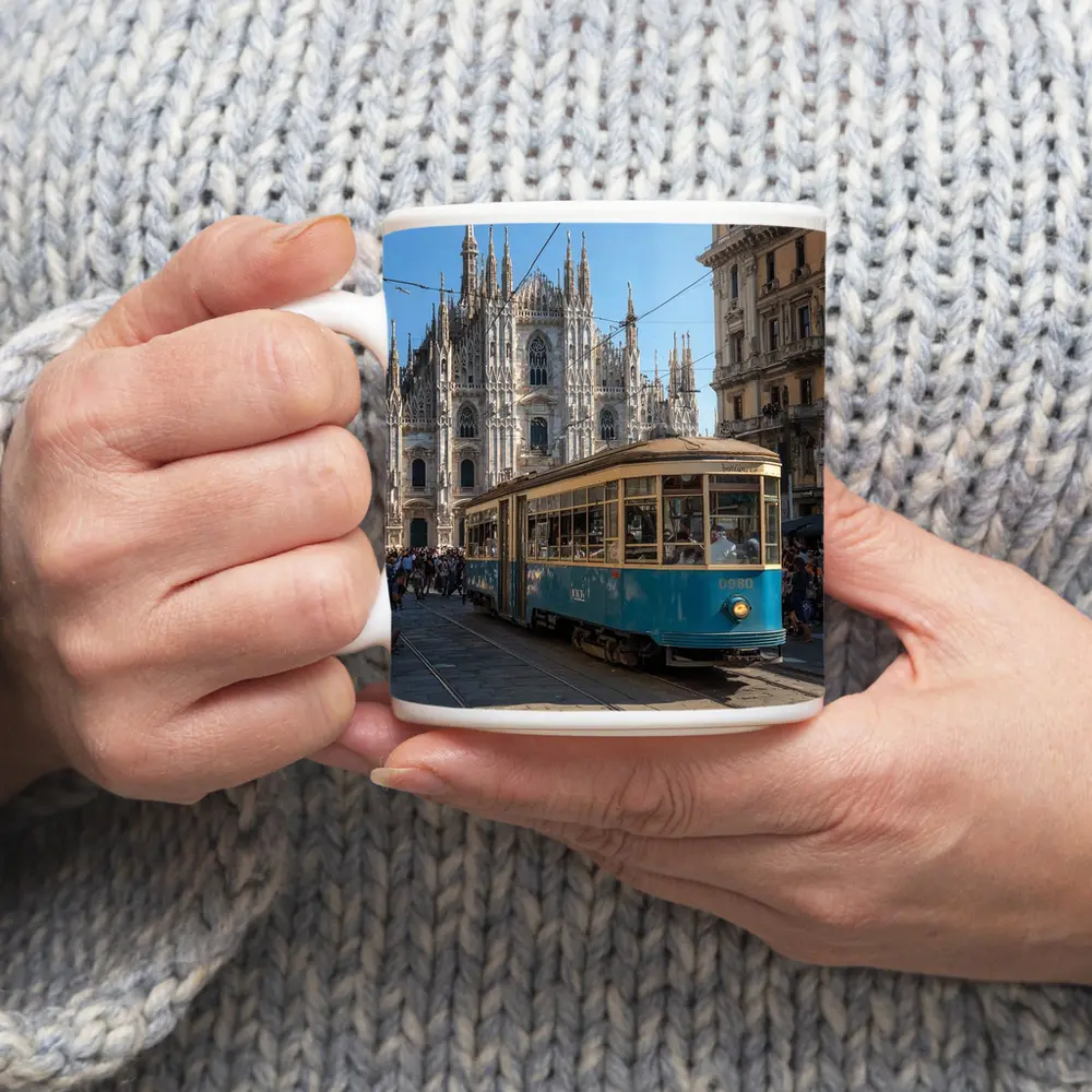 Milan Duomo Cathedral Vintage Tram Street Scene – Mugs